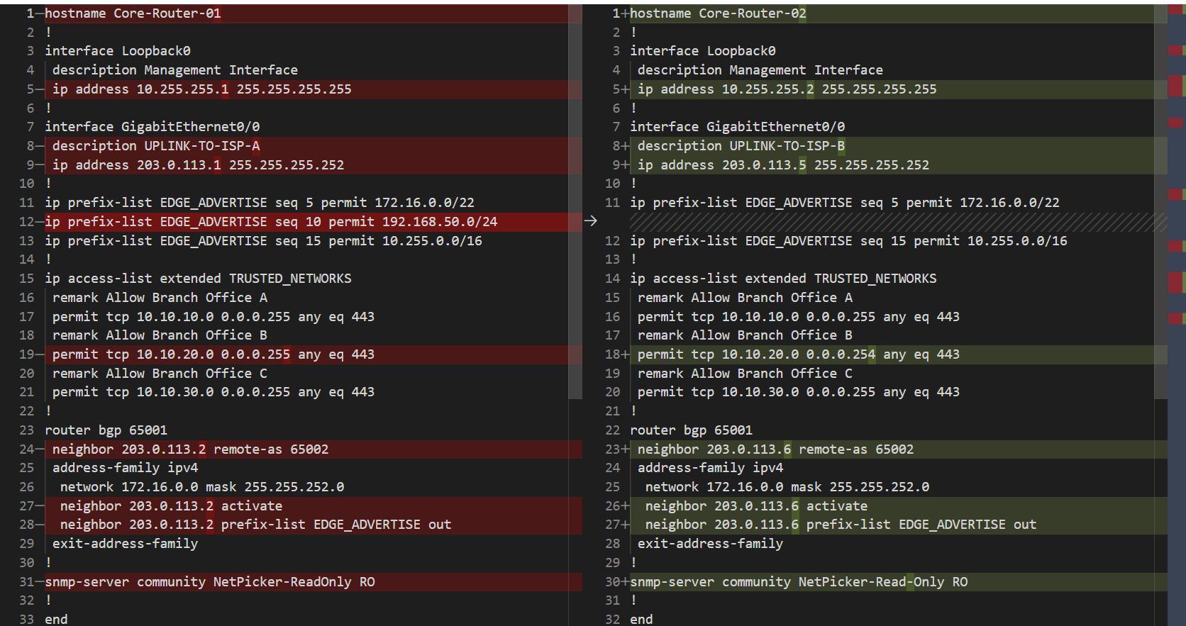 Netpicker output showing differences